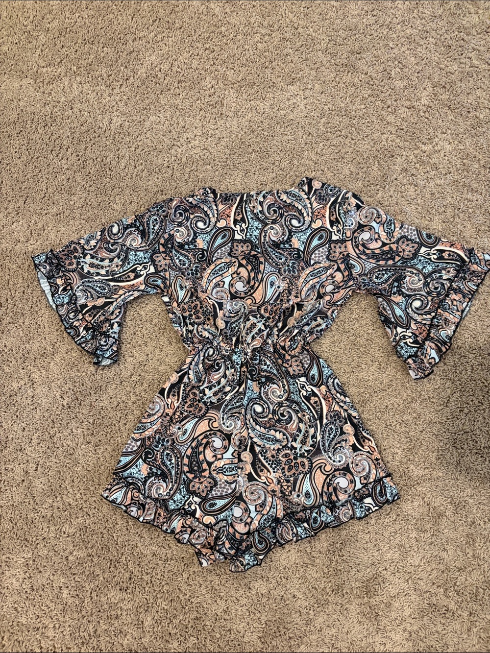 Paisley Print Short Sleeve Romper in Soft Tans & Blues